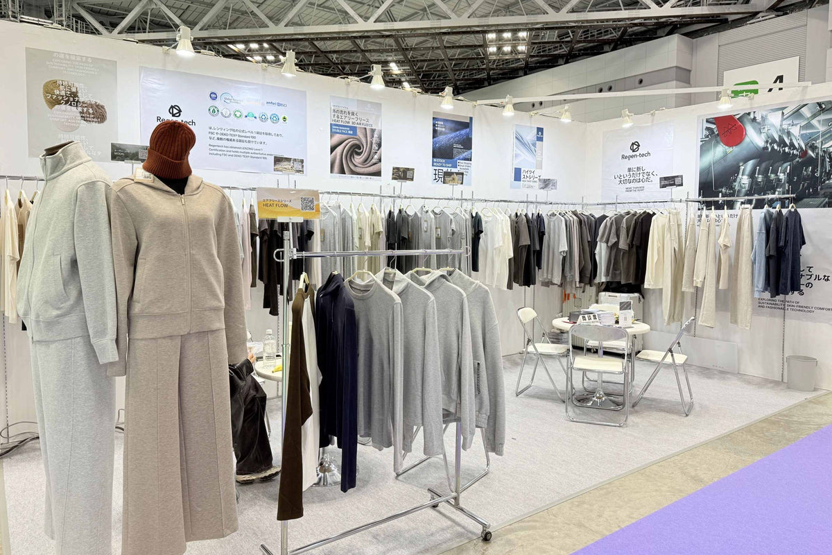 Regen-tech Fashion booth at FaW TOKYO 2026 showcasing engineered knit apparel and fabric collections.