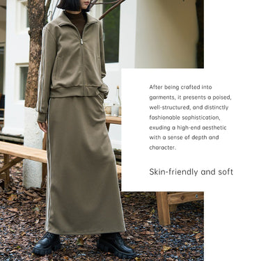 Polyester cotton spandex double piqué knit fabric shown in a lifestyle garment view for modern activewear and performance-inspired casual styling.